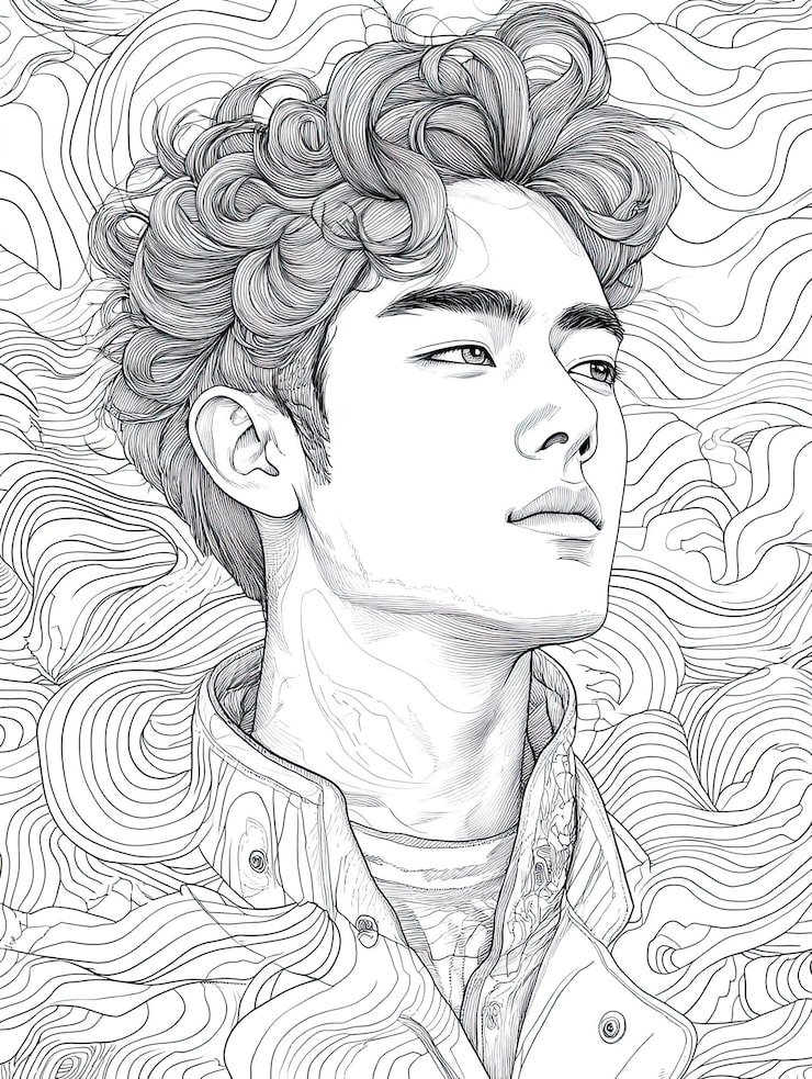 26 Handsome Korean Man With Confident Smile Standing Against Backdrop Abstract Waves Geometric Shapes Illustrated Detailed Line Art Bold Coloring Book Page 1295806 38982