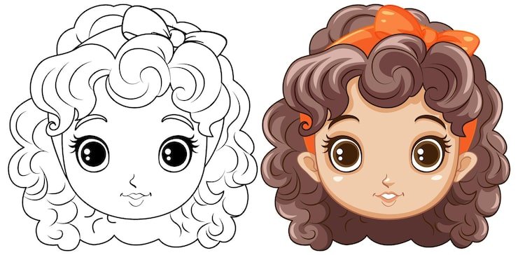 Adorable Girl With Curly Hair Outline Colouring 1308 146714