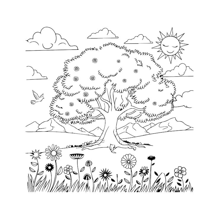 Big Tree Smiling Sun Bird Grass Line Art Coloring Book Page 744534 1959
