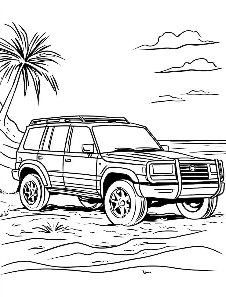 Black White Drawing Jeep With Palm Tree Background 1023618 18339