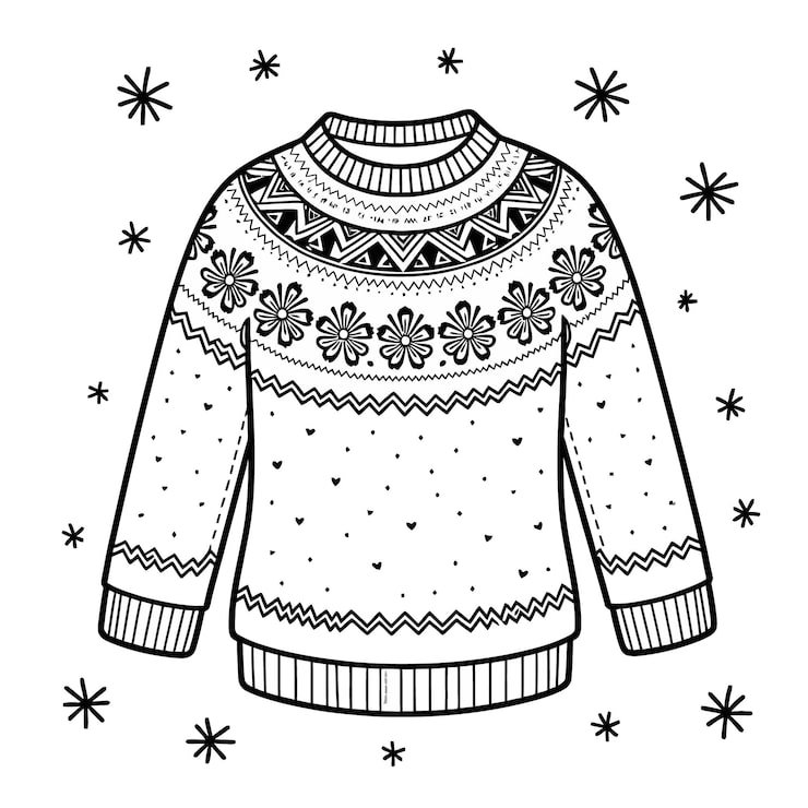 Black White Drawing Sweater With Pattern Snowflakes Stars 1166600 964