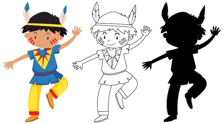 Boy Native American Costume Colour Outline Silhouette 1308 45444