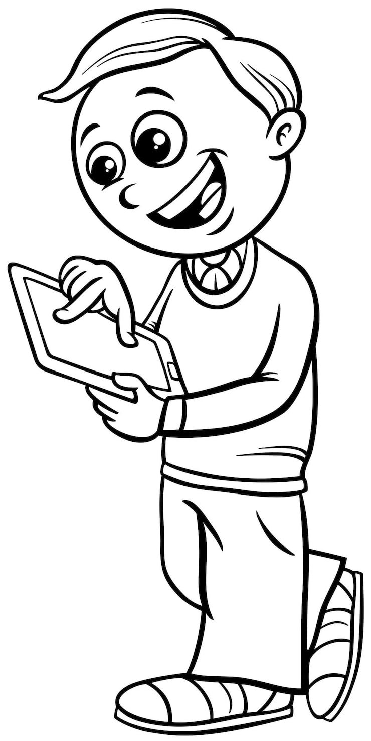 Cartoon Elementary Age Boy With Digital Tablet Coloring Page 11460 20351