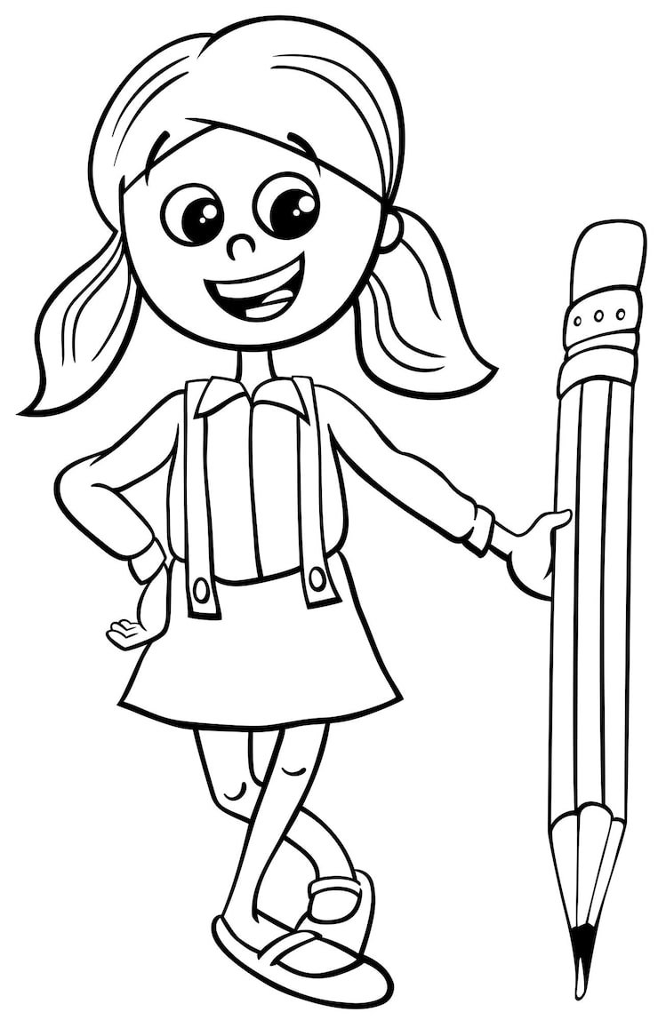 Cartoon Elementary Age School Girl With Big Pencil Coloring Page 11460 20338