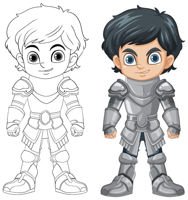 Cartoon Knight Boy Cartoon Character With Doodle Outline Col 1308 146191
