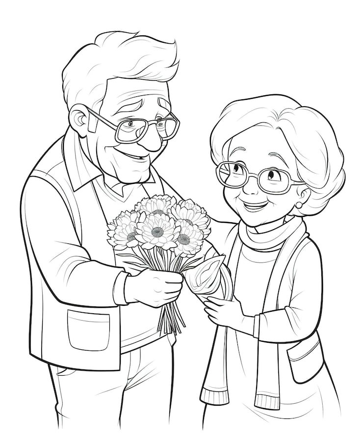 Cartoon Old Couple With Flowers Their Hands 863013 21545