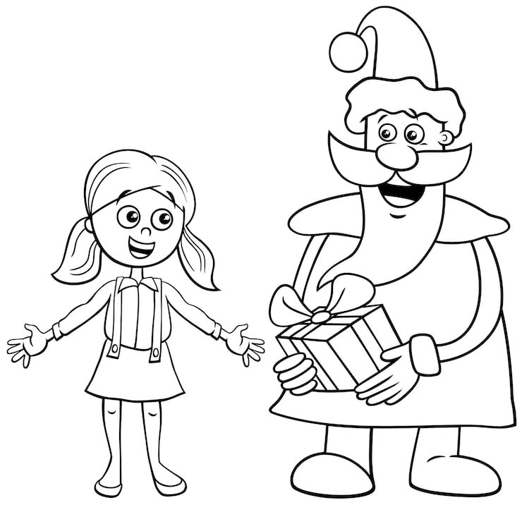 Cartoon Santa Claus Giving Gift Little Girl Coloring Page 11460 14874