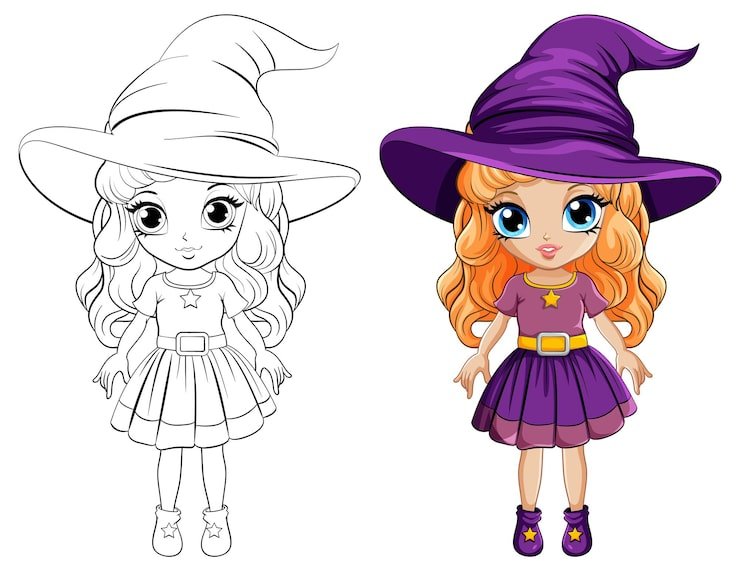 Cartoon Witch Wearing Big Hat Its Doodle Coloring 1308 138606