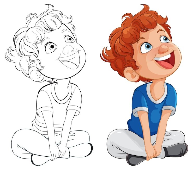 Cheerful Boy Sitting Before After Coloring 1308 163444