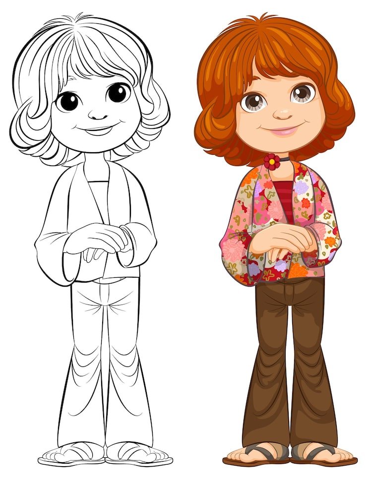 Cheerful Cartoon Girl Color Line Art 1308 166447
