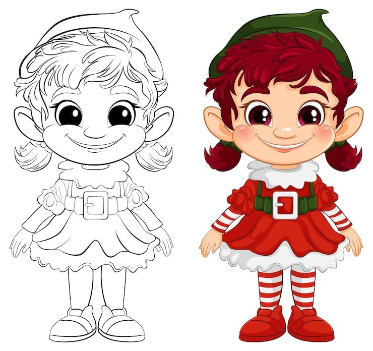 Cheerful Elf Girl Before After Coloring 1308 161910
