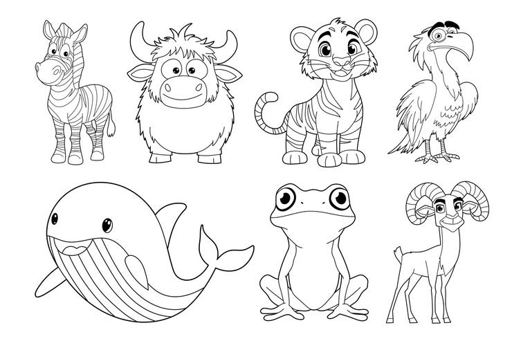 Collection Diverse Animal Cartoon Outlines Including Zebra Yak Tiger Eagle Whale Frog Ram Simple Illustration 216222 5697