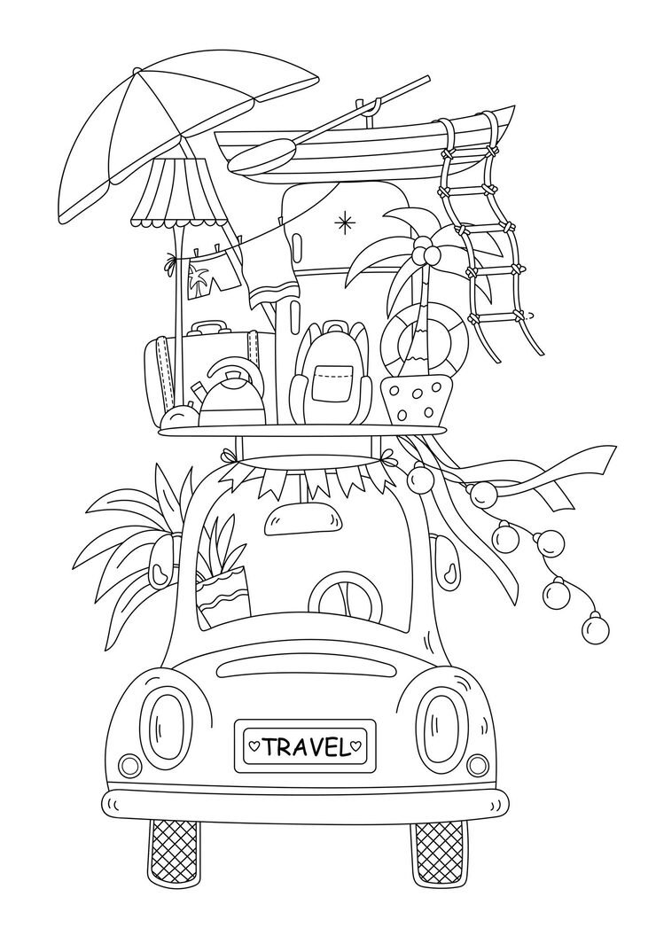 Coloring Page Antistress Adults Children Features Tourism Car With Fridge Boat Suitcase 156881 13689
