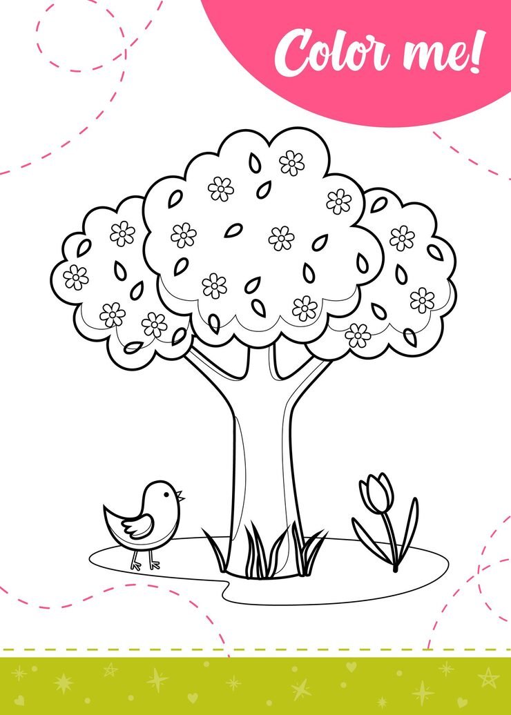Coloring Page Kids With Blooming Treeflowers Chick 575838 1019