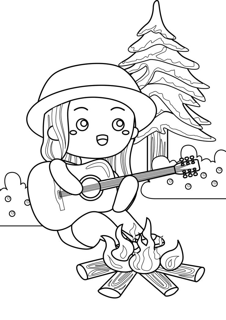 Coloring Pages Kids A4 Page Play Guitar Camping Theme 616819 158