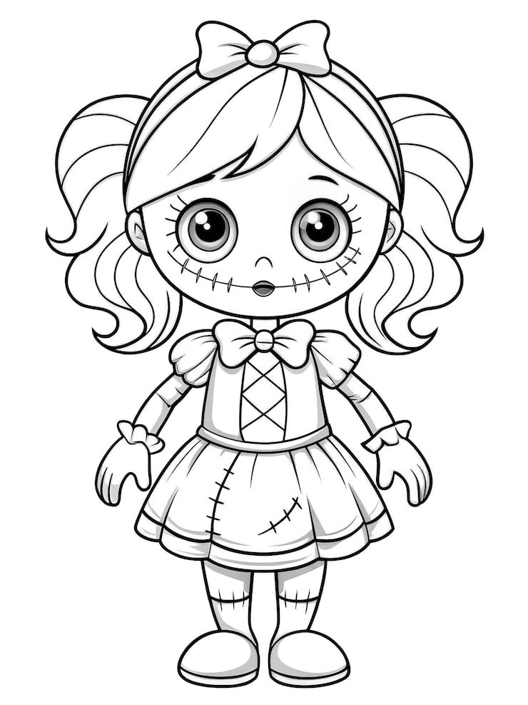 Creepy Cute Doll Character With Stitched Features Pigtails Black White Outline 1186770 1236