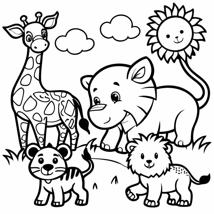 Cute Animal Coloring Page With Giraffe Tiger Lion Sun 123891 36867