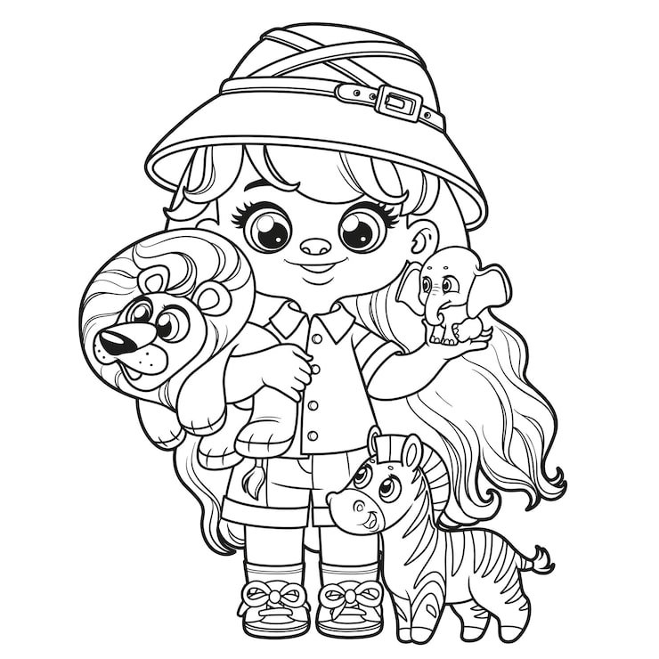 Cute Cartoon Girl Pith Helmet With Toys African Animals Elephant Zebra Lion Outlined Coloring Page 555467 6618