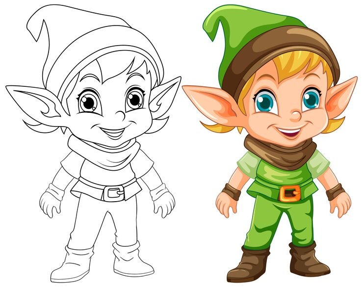 Cute Elf Cartoon Character Outline Colouring 1308 140991