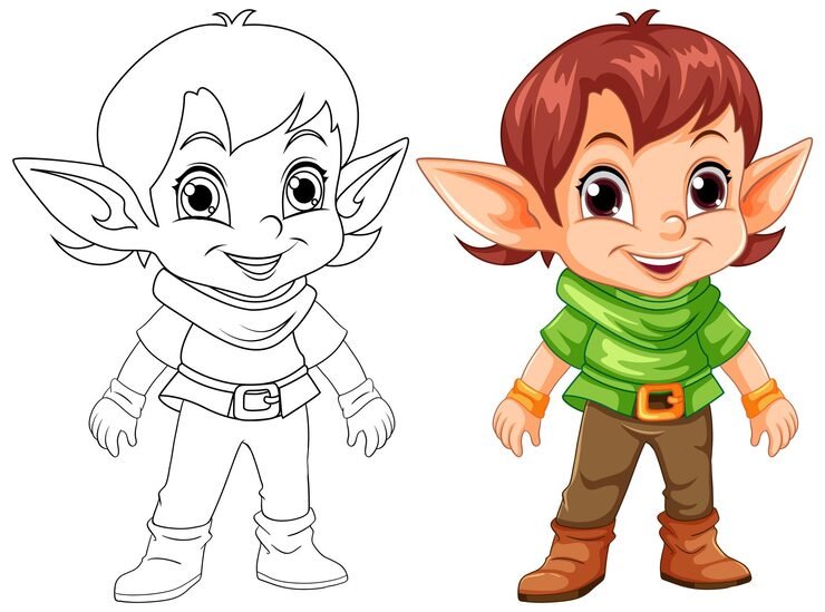 Cute Elf Cartoon Character Outline Colouring 1308 141393