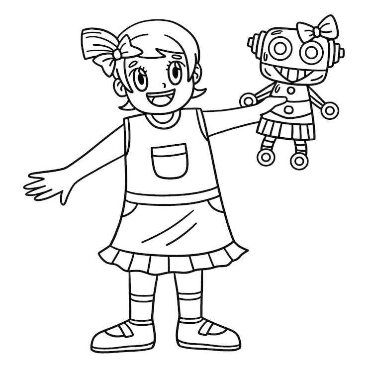 Cute Funny Coloring Page Girl With Robot Toy Provides Hours Coloring Fun Children Color This Page Is Very Easy Suitable Little Kids Toddlers 576561 12124