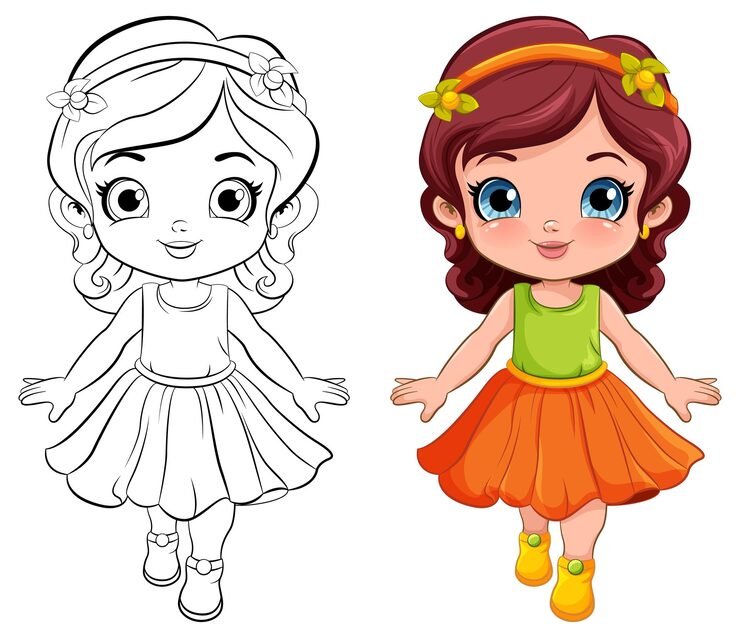 Cute Girl Beautiful Dress Outline Colouring 1308 140393