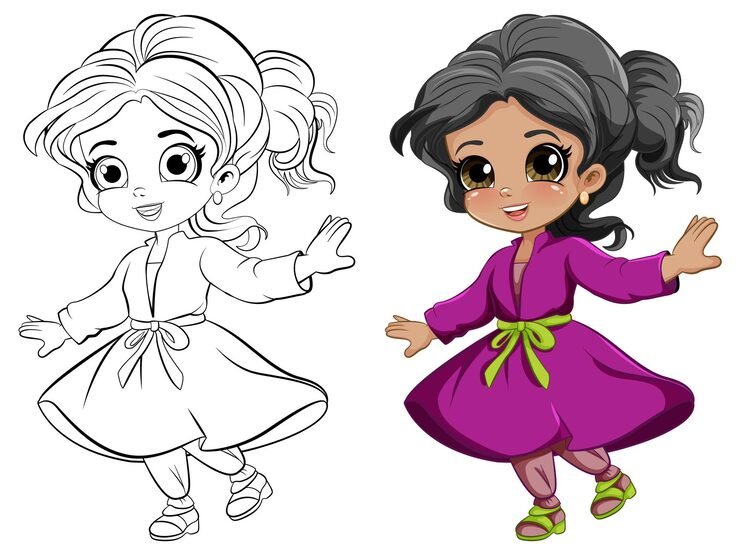 Cute Girl Beautiful Dress Outline Colouring 1308 140445