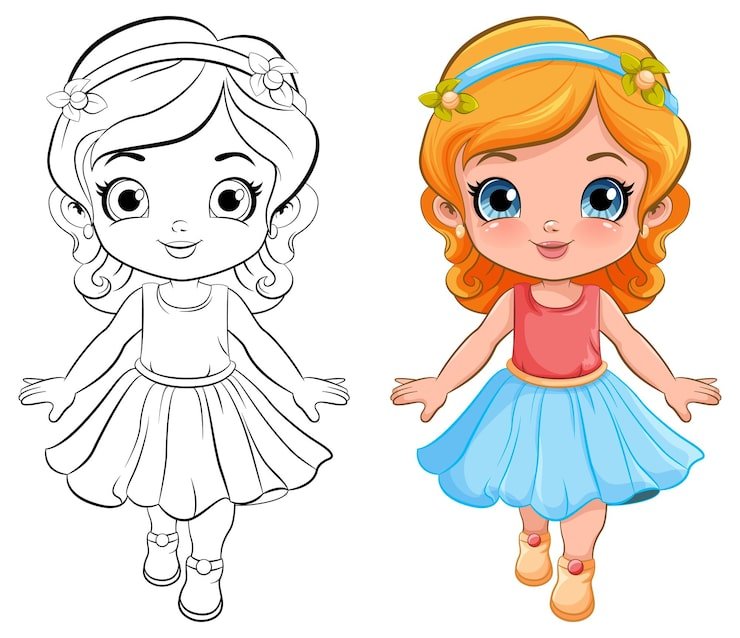 Cute Girl Beautiful Dress Outline Colouring 1308 140455