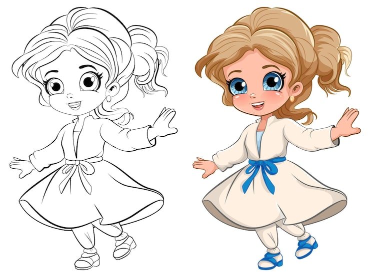 Cute Girl Beautiful Dress Outline Colouring 1308 140727