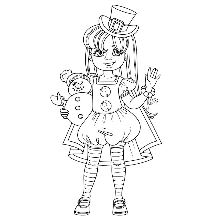 Cute Girl Carnival Costume Snowman Top Hat Red Cloak With Toy Hand Outlined Coloring Page 555467 3502