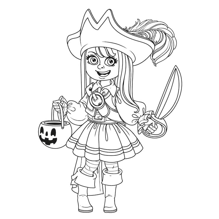 Cute Girl Pirate Costume With Pumpkin Bag Sweets Trick Treat Outlined Coloring Page 555467 7047