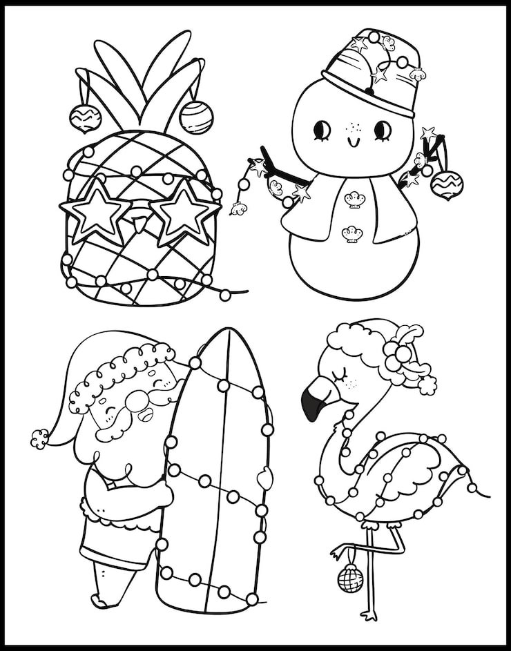 Cute Groovy Summer Christmas Playful Cartoon Coloring Page White Black Outline Set 44161 3224