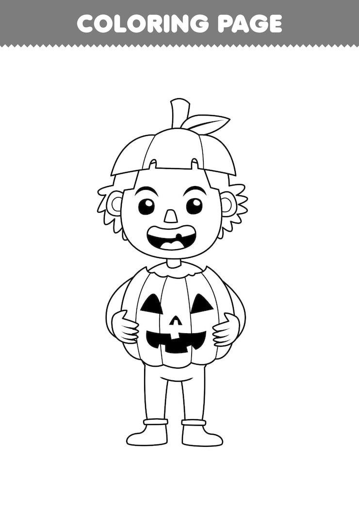 Education Game Children Coloring Page Cute Cartoon Pumpkin Boy Costume Line Art Halloween Printable Worksheet 229688 3107