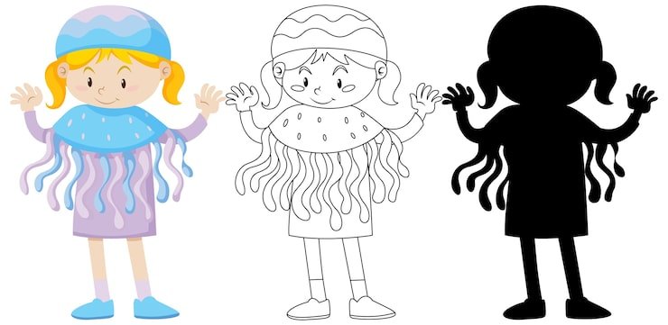 Girl Jellyfish Costume Color Outline Silhouette 1308 50372