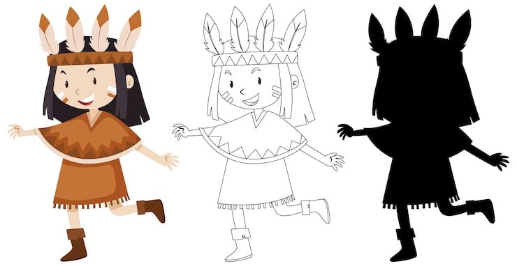Girl Wearing Native American Costume With Its Outline Silhouette 1308 50266