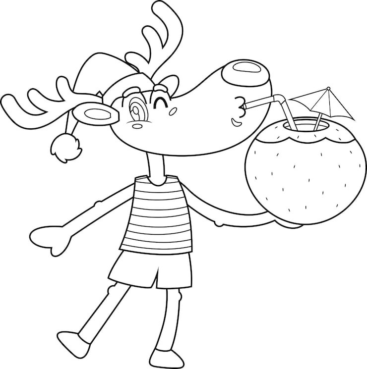 Outlined Cute Christmas Reindeer Cartoon Character Drinking Coconut Cocktail Beach 20412 5594