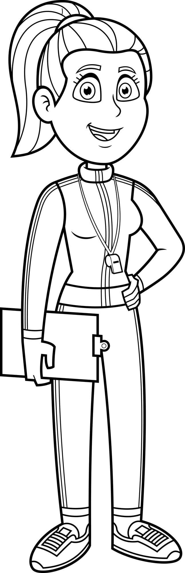 Outlined Female Gym Teacher Cartoon Character Speak Holding Clipboard 20412 1522