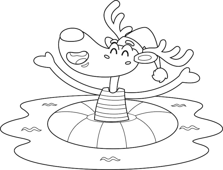 Outlined Happy Christmas Reindeer Cartoon Character With Inflatable Ring Water 20412 5591
