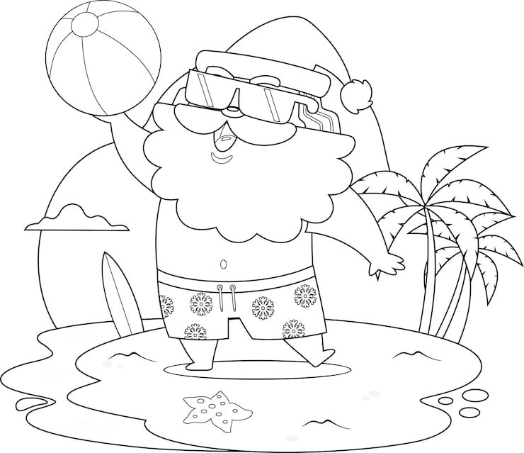 Outlined Summer Santa Claus Cartoon Character Holding Inflatable Ball Beach 20412 5116