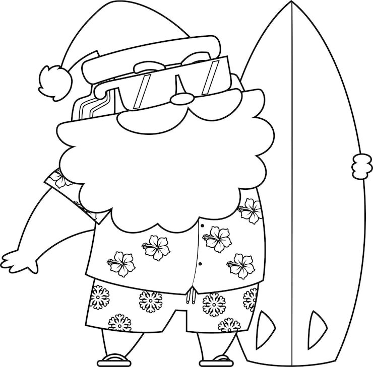Outlined Summer Santa Claus Cartoon Character With Surfboard Beach 20412 5592