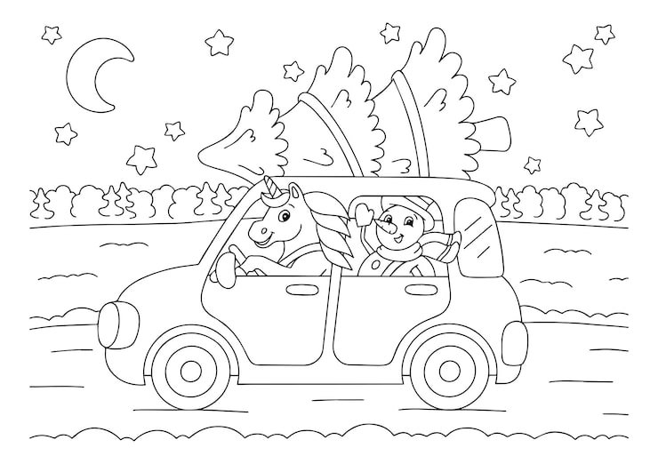 Snowman Unicorn Are Driving Car Christmas Holiday Coloring Book Page Kids 78007 7390