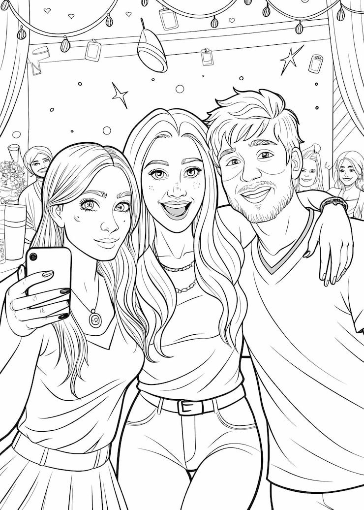 Three Friends Taking Selfie Party Scene Coloring Page 656073 17970