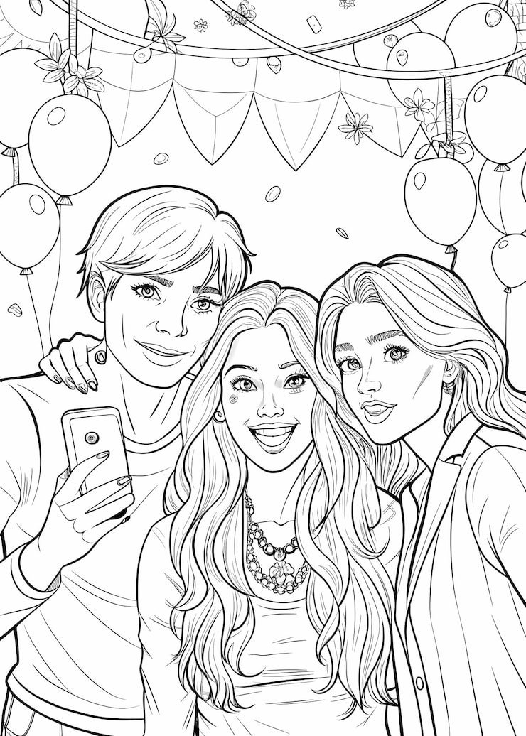 Three Friends Taking Selfie Party Scene Coloring Page 656073 17973