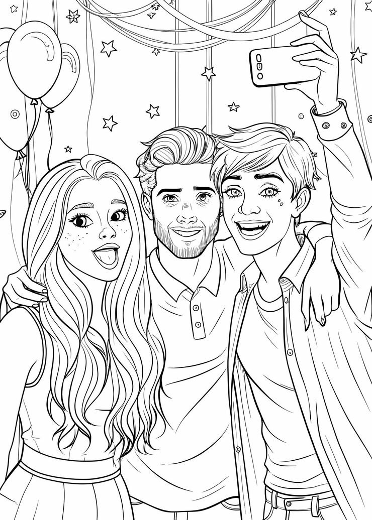Three Friends Taking Selfie Party Scene Coloring Page 656073 17974