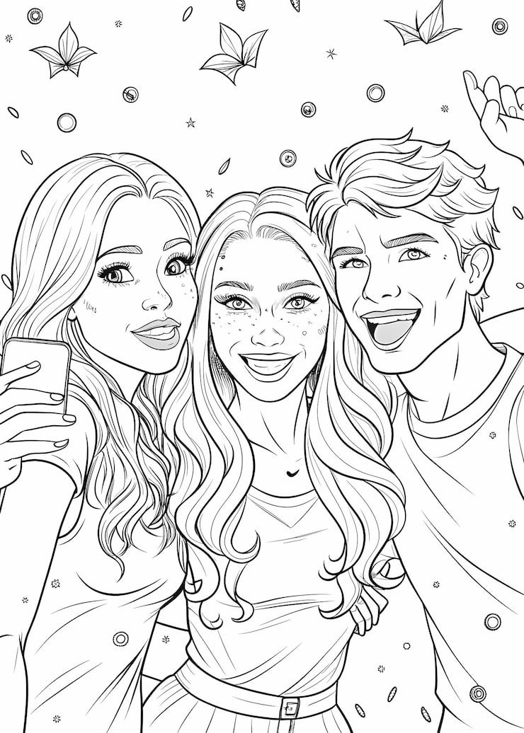 Three Friends Taking Selfie Party Scene Coloring Page 656073 17982