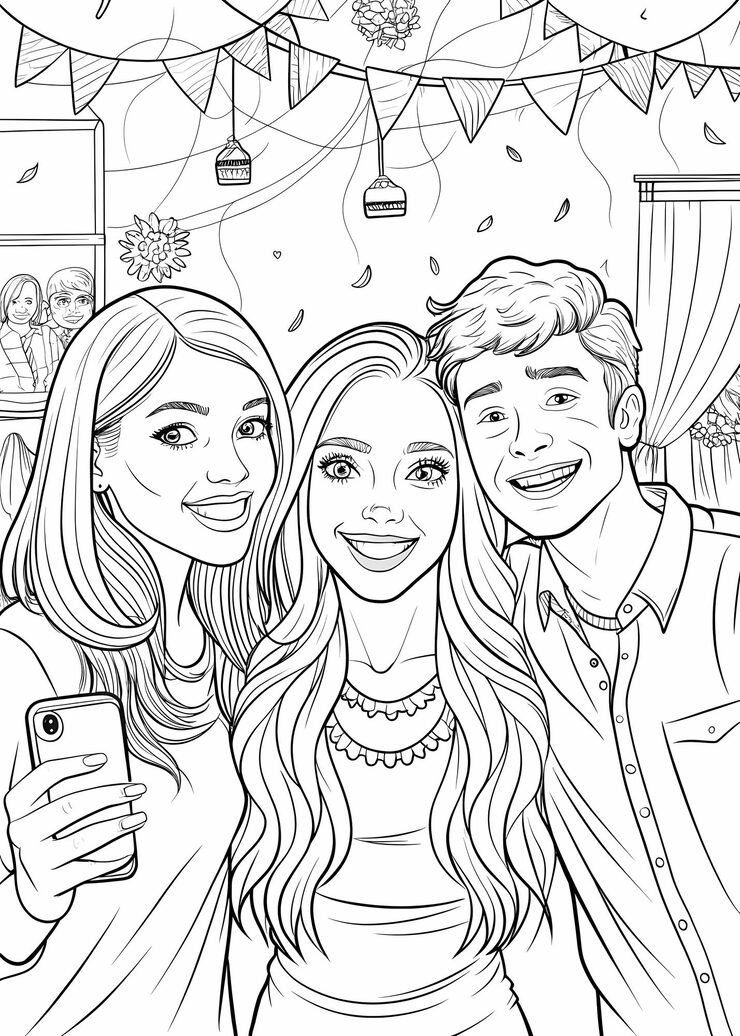 Three Friends Taking Selfie Party Scene Coloring Page 656073 17989