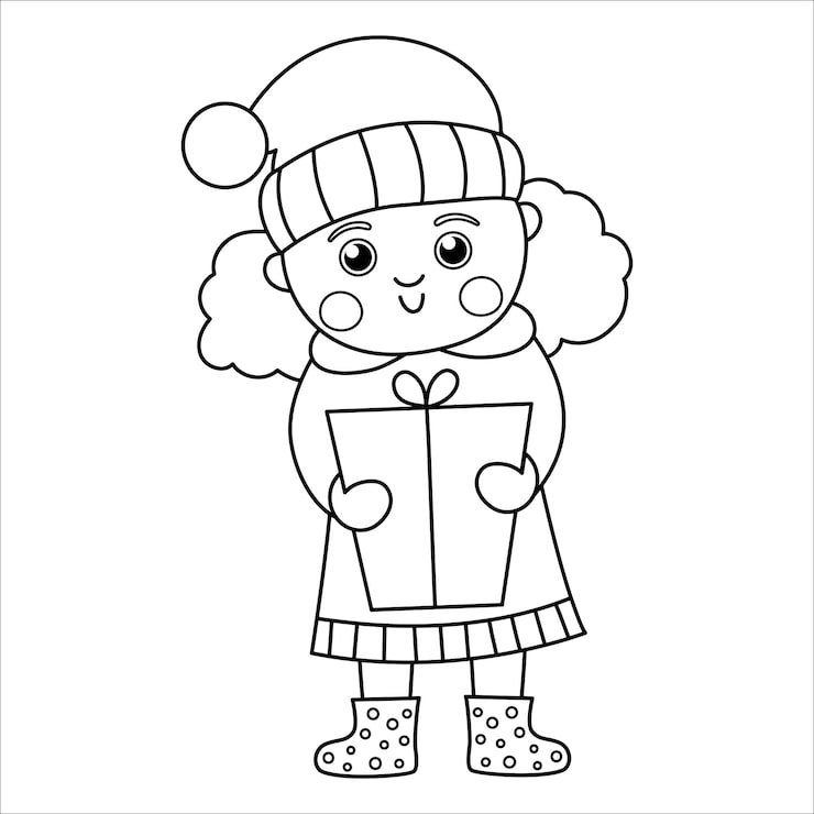 Vector Black White Happy Girl With Curly Hair Holding Present Cute Winter Kid Illustration Coloring Page Funny Outline Icon Christmas New Year Winter Design 150240 3699