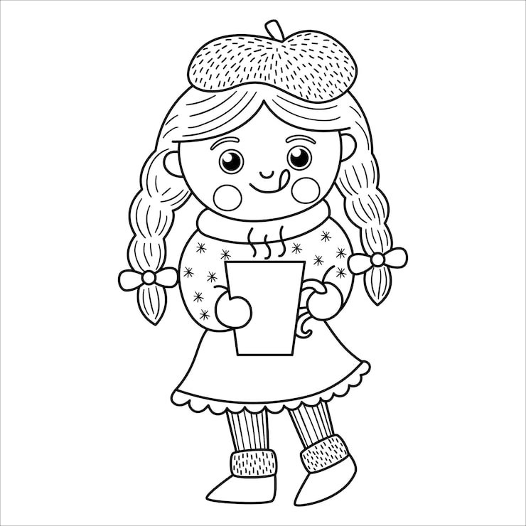 Vector Black White Happy Girl With Long Hair Plaits Holding Mug With Hot Drink Cute Winter Kid Illustration Coloring Page Funny Outline Icon Christmas New Year Winter Design 150240 3701
